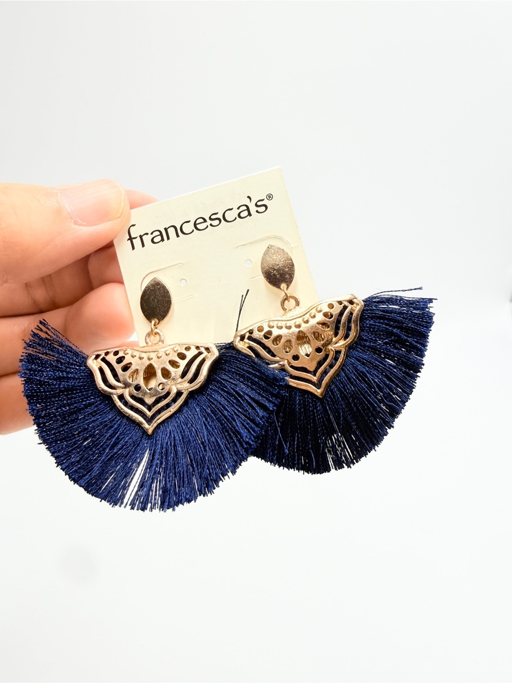 Francesca's Collections Navy Fan Tassel Statement Earrings